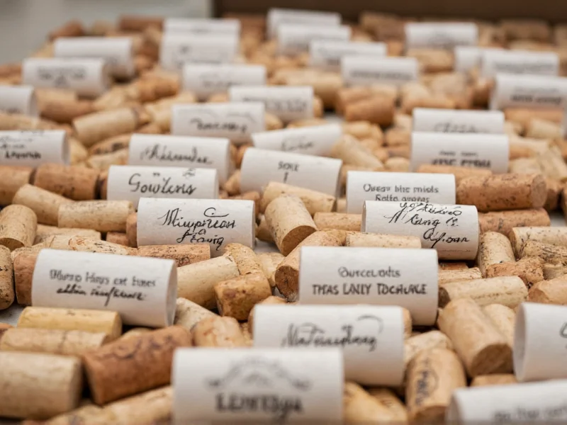 Recycled wine cork name cards with handwritten holiday greetings