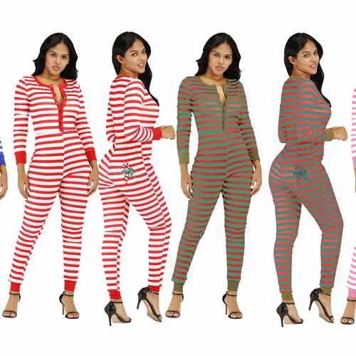 

Winter women clothing fashion casual striped print Christmas jumpsuit