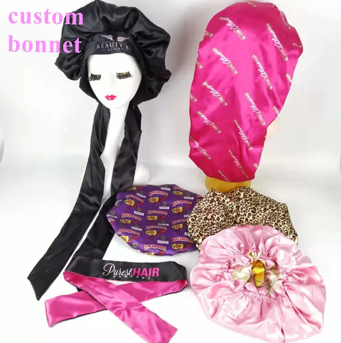 

Wholesale Double Layer Bonnet With Edge Wrap Long Band Satin Hair Bonnets and Hair Wrap Silk Bonnet With Ties