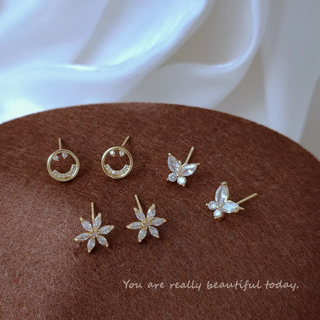 

Simple silver needle zircon smile face butterfly ear accessories 925 silver ear stud zirconia jewelry earrings