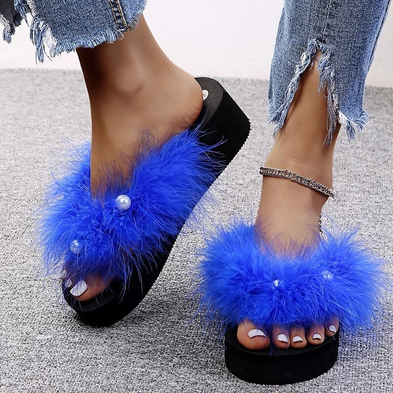 

Women Simple Plush Flip-Flops Fashion Faux Fur Slides Outdoor Autumn Furry Pearl Slippers, Beige, black, pink, yellow, blue