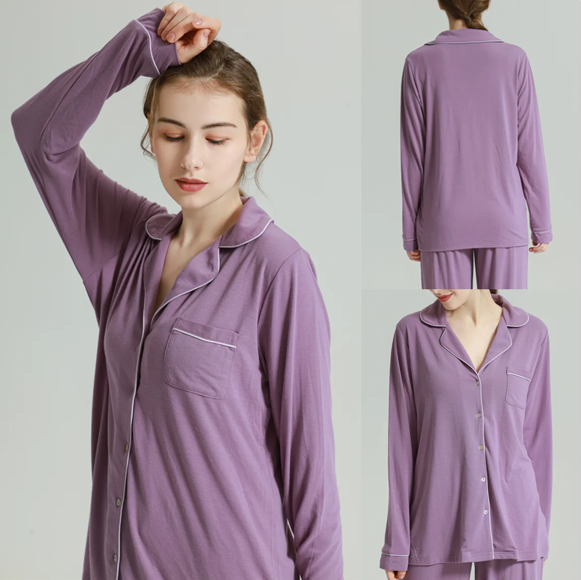 

Women's Faux Set Nightwear Long Sleeve Pajamas Home Clothes Set Sleeping Shirt Home Wear Pajamas Sleepwear for Women, Purple/grey/black