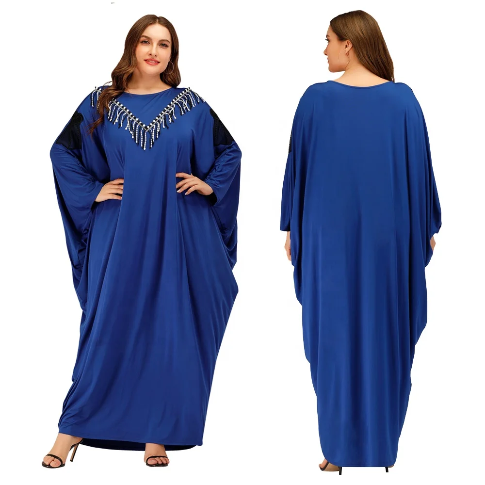 

muslim women clothing bat sleeved long sleeve black and white tassel lace applique loose big hem dress Solid color sexy dress, Blue