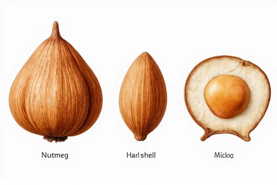 Detailed botanical illustration showing the anatomy of nutmeg fruit including outer fruit, hard shell, seed, and mace aril