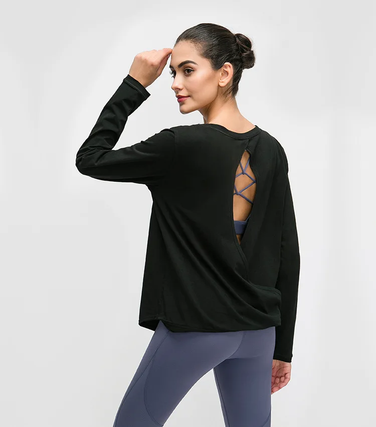 

Pure cotton quick-drying yoga clothes Casual loose hollow breathable sports fitness female long-sleeved T-shirt