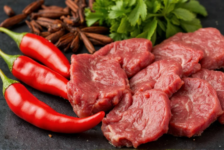 Close-up of Jamaican pepper steak ingredients including Scotch bonnet peppers, allspice berries, fresh thyme, and sliced beef
