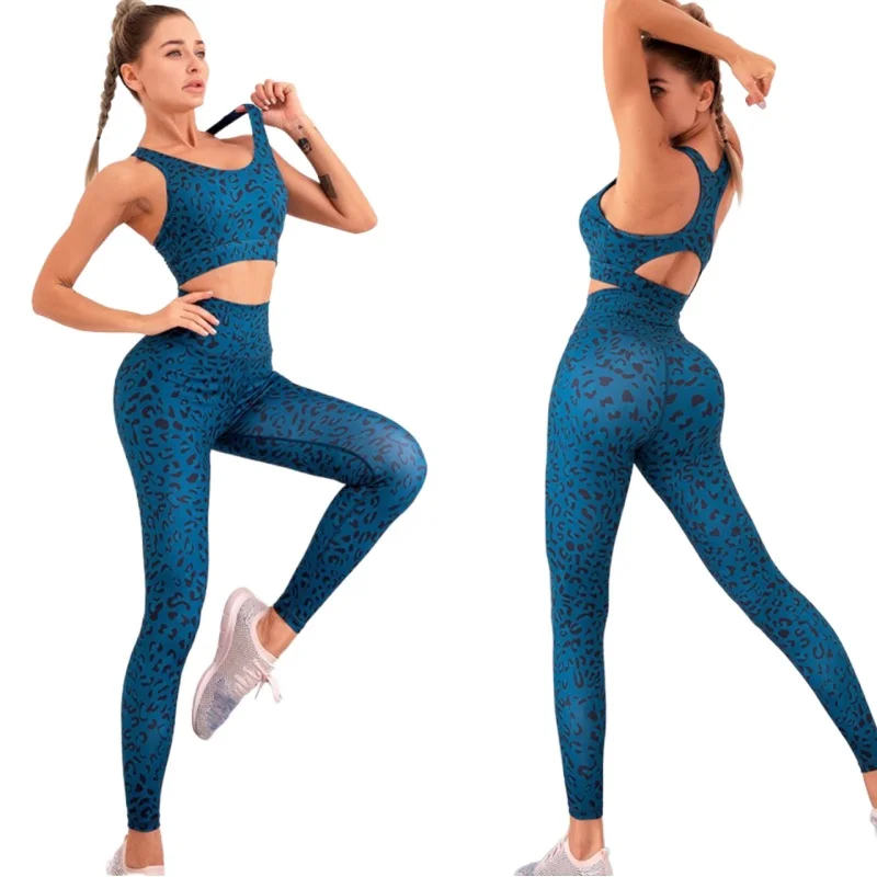 

BBSM7461 new style seamless knit leopard print bra yoga leggings running workout yoga set