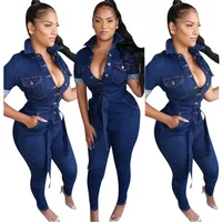 

Fall Autumn women clothes button up belted denim jeans jumpsuit one piece overall romper jumpsuits