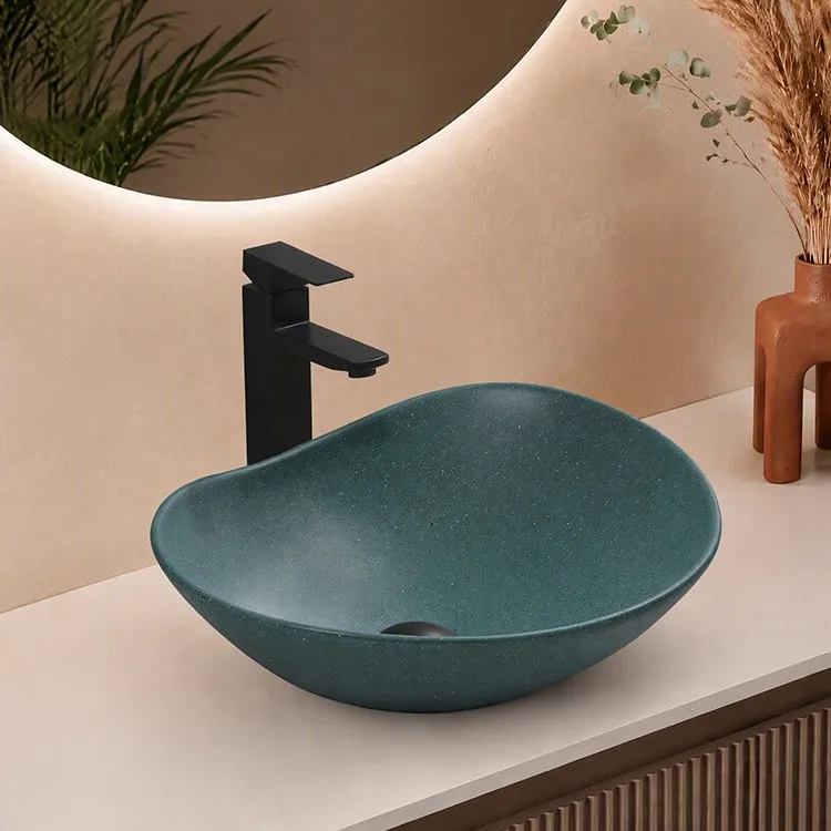 coloured-bathroom-sinks-9845-MT-034D-perspective-detail-crystallite-forest-green-texture-matte-black-pop-up-drain