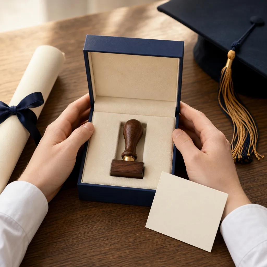 Graduation gift - custom stamp in navy velvet box held by hands alongside diploma and graduation cap