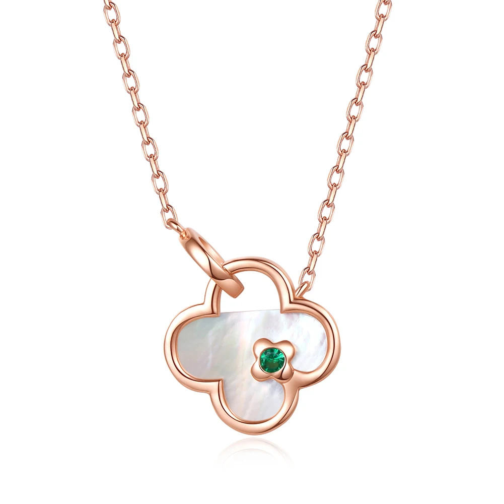 

RINNTIN GMN18 Rose Gold Plated Chain Woman Girls Jewelry Solid 925 Sterling Silver Natural Shell Clover Pendant Necklace