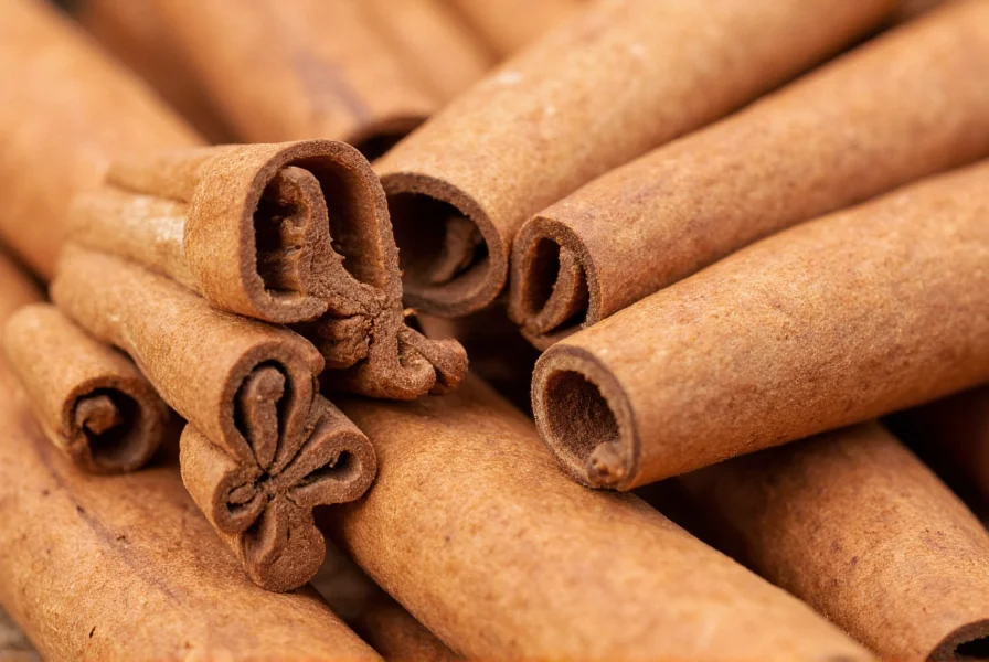 Close-up of true cinnamon sticks showing the distinctive layered structure and light tan color compared to darker Cassia cinnamon