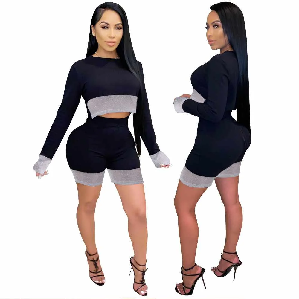 

women's bright silk cloth short long sleeve casual shorts two-piece suit, Picture