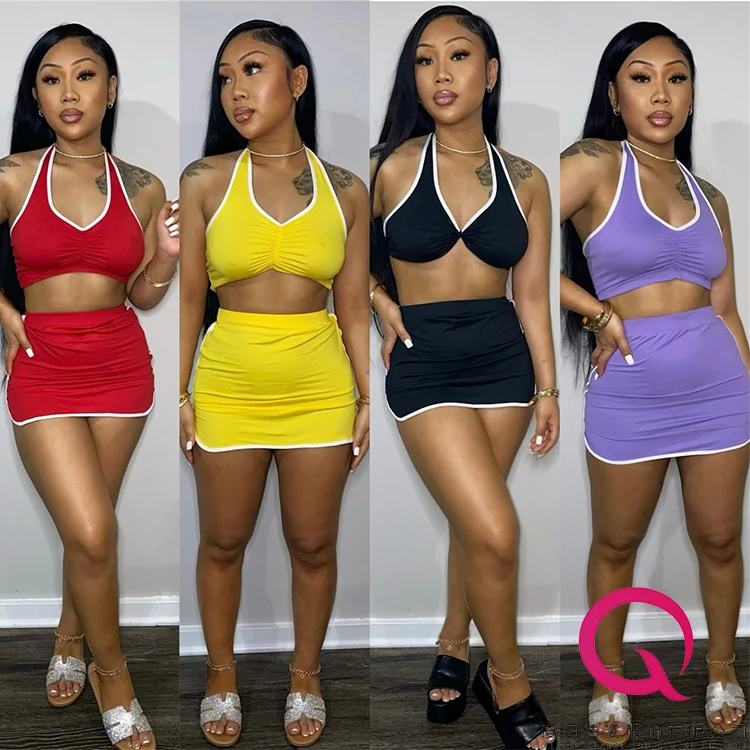 

2022 New Arrivals Summer 5 Colors Mini Skirt And Halter Crop Top Sets Women 2 Piece Outfits Trending Two Piece Skirt Set, 5 color