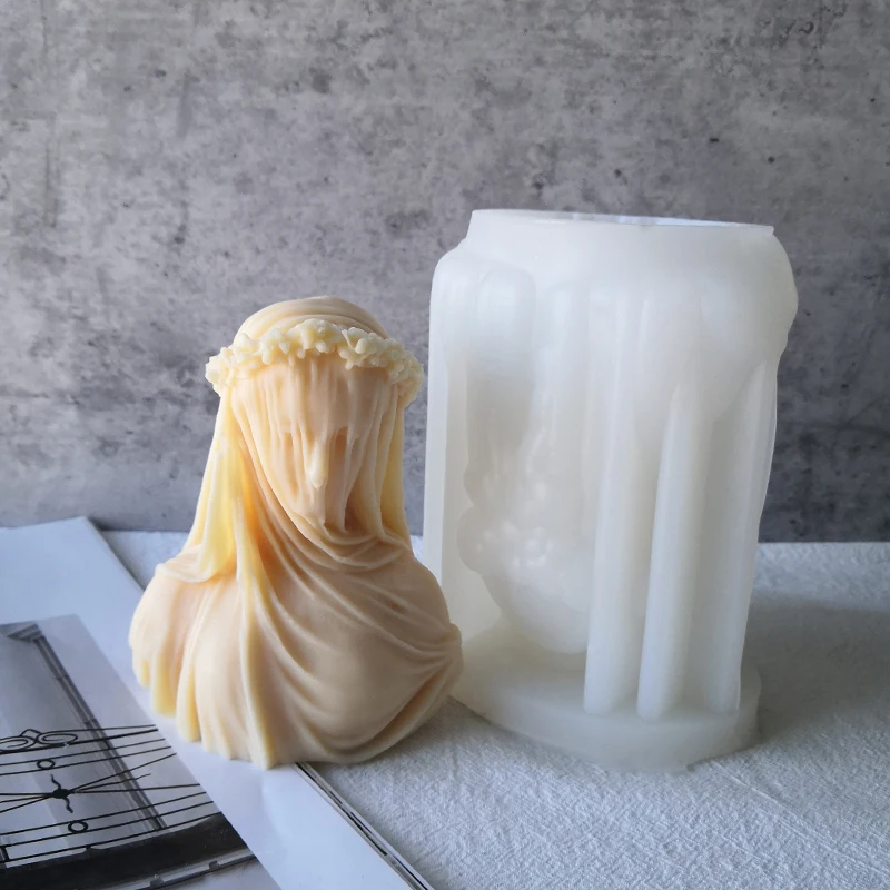 

J1134 New DIY Art Decoration Sculpture Female Bride Bust Silicone Mould Veiled Lady Statue Candle Silicone Mold, White