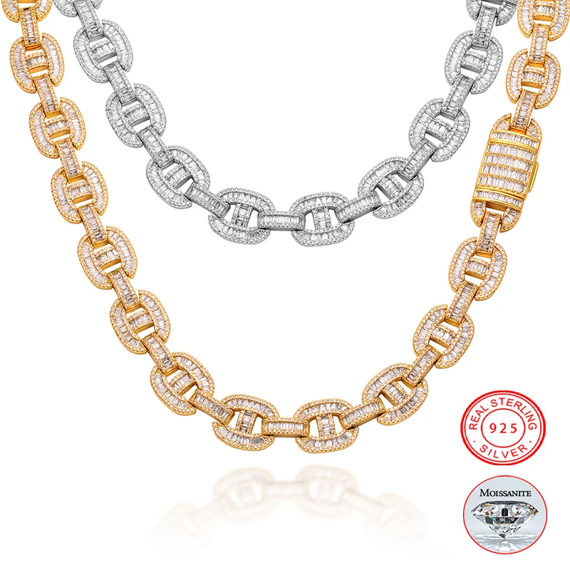 

100% Pass Diamond Tester 15mm Gold Plated Silver 925 Baguette VVS Moissanite Iced Out Miami Cuban Link Chain Necklace