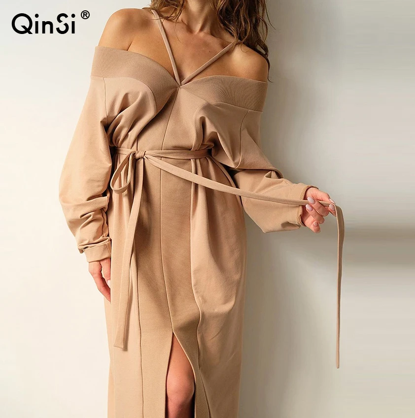 

QINSI 2020Women Knitted Deep Slash Neck Sexy Dress Solid Straight Party Dress Elegant Female Summer Spaghetti Strap Dress Casual