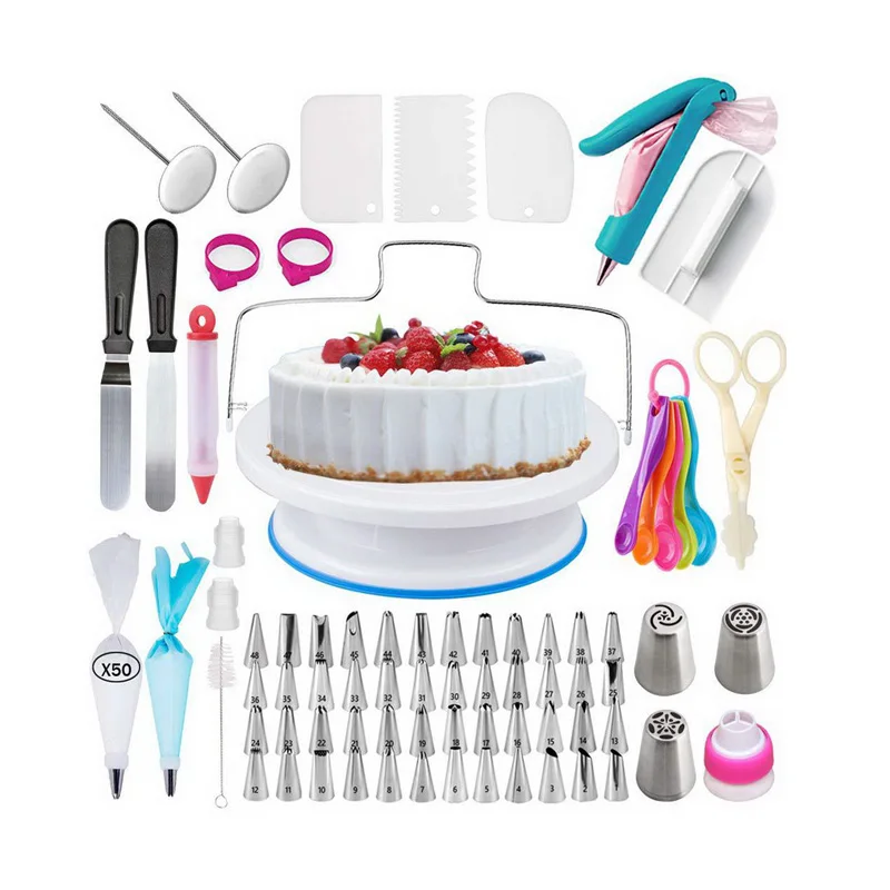 

122 pcs turntable baking fondant cake decorating molds tools supplies kit set, As picture