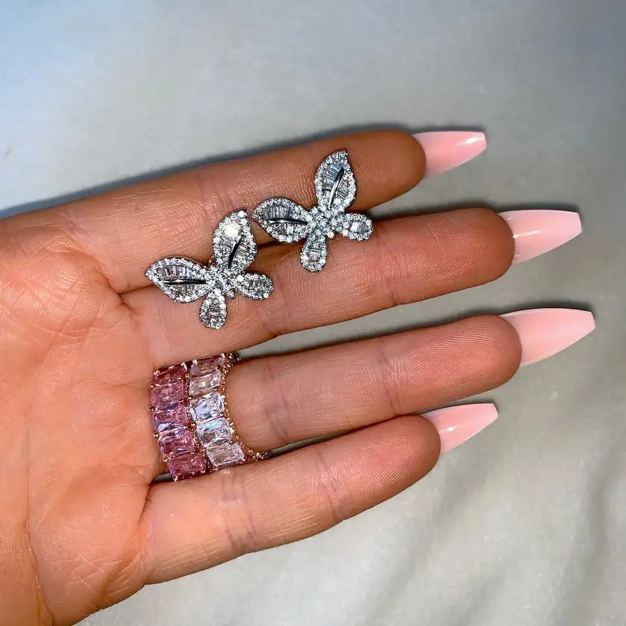 

5A cubic zirconia bling shine iced out silver gold colors butterfly diamond women earring