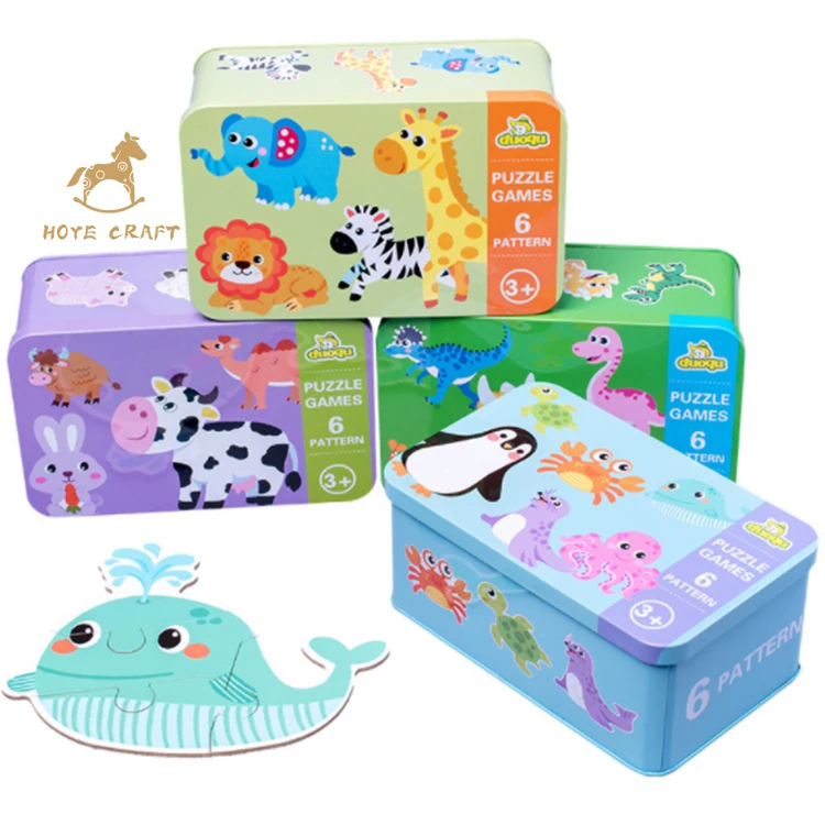 

wooden toy jigsaw puzzles cartoon kids tin box animal puzzles