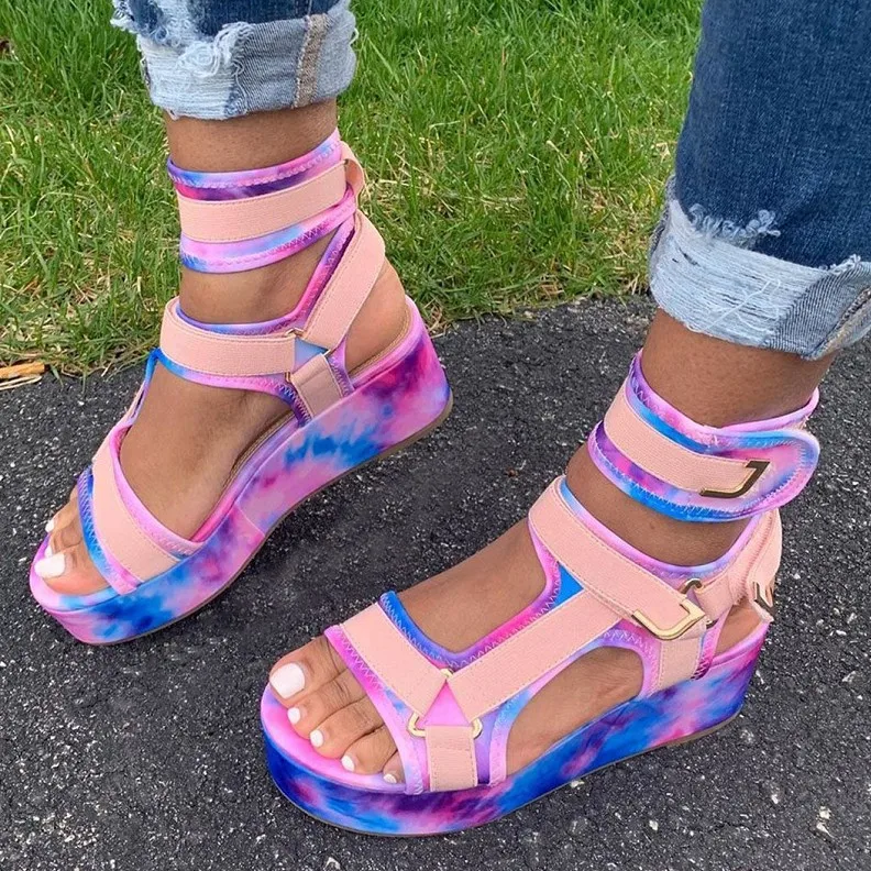 

2021 Fashion High Top Platform Sandals Women Shoes Summer Super High Heels Ladies Casual Shoes Wedge Chunky Gladiator Sandals, Blue , full blue , orange , purple , rose