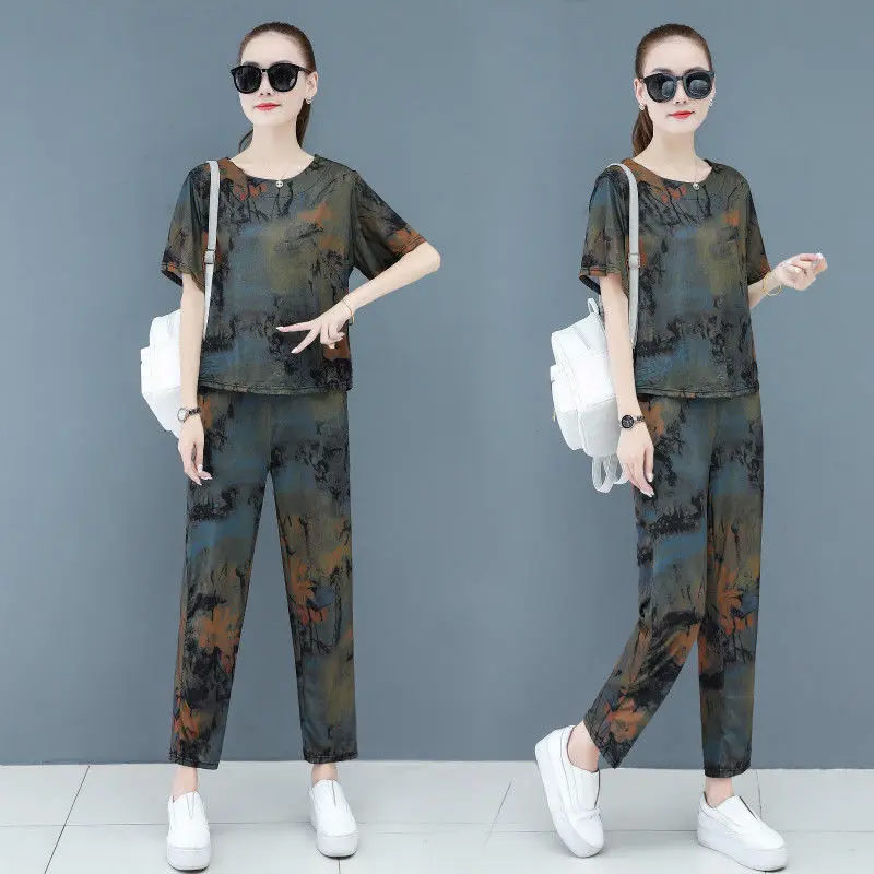 

2021 summer new female printed casual suit fashionable middle-aged and elderly mothers dress plus size two-piece female spring 2