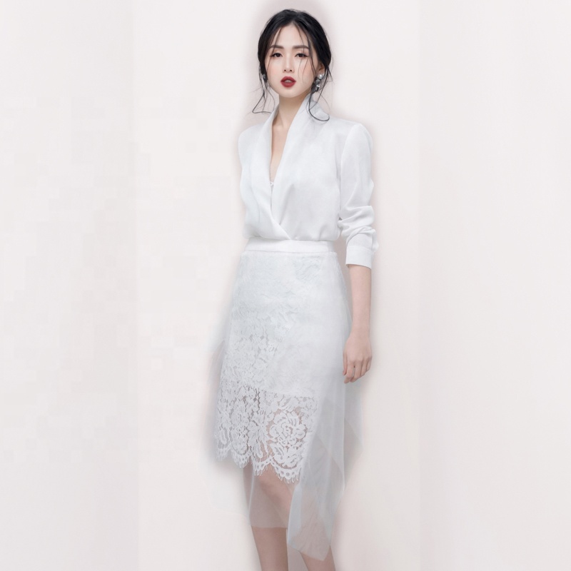

Latest Design Two piece Set Women Clothing Long Sleeve Silk Lace Office Lady Skirt Suits Set for Women