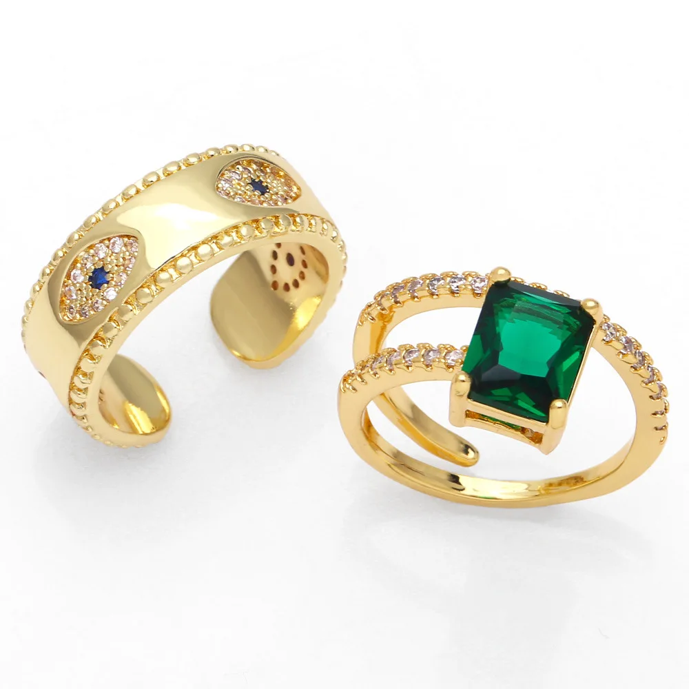 

Amazon Hot Sale 18K Real Gold Plated Emerald Geometric Finger Rings Adjustable Micro Pave Zircon CZ Evil Eyes Vintage Rings