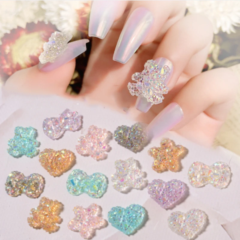 

10pcs/bag Aurora magic bear resin designers bow 3d kawaii heart big nail charms for nails in bulk butterfly Nail Art Decorations, Picture