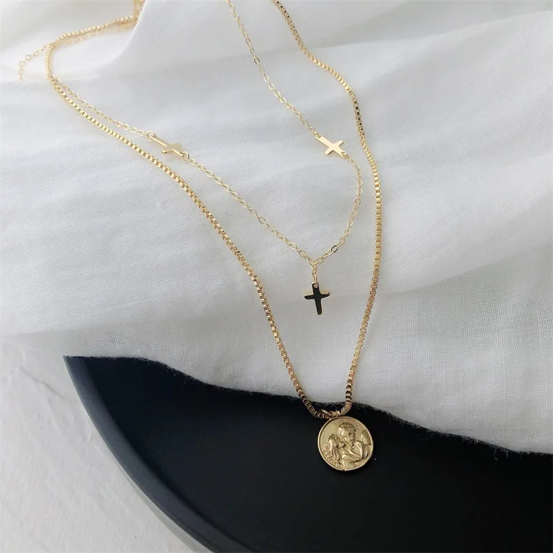 

JuHu 925 Sterling Silver Custom Round Brand Double Necklace Female Ins Simple Cross Clavicle Chain Necklace, D500 silver necklace price, d500 gold necklace price