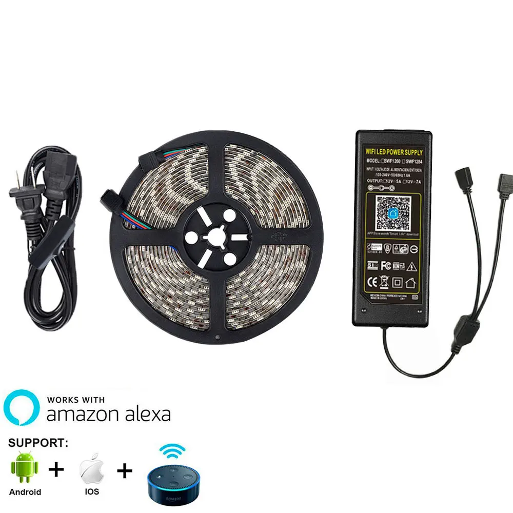 IP65 Waterproof Smart WIFI LED Strip Light 1 reel 5050SMD DC12V RGB 30LEDs/m Phone APP controlled by Amazon Alexa Tuya Google