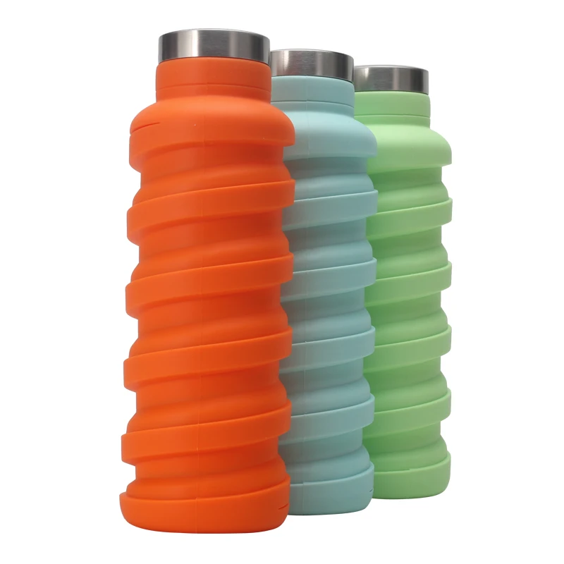 

18oz collapsible silicone folding water bottle for hiking, Orange, mint green, blue