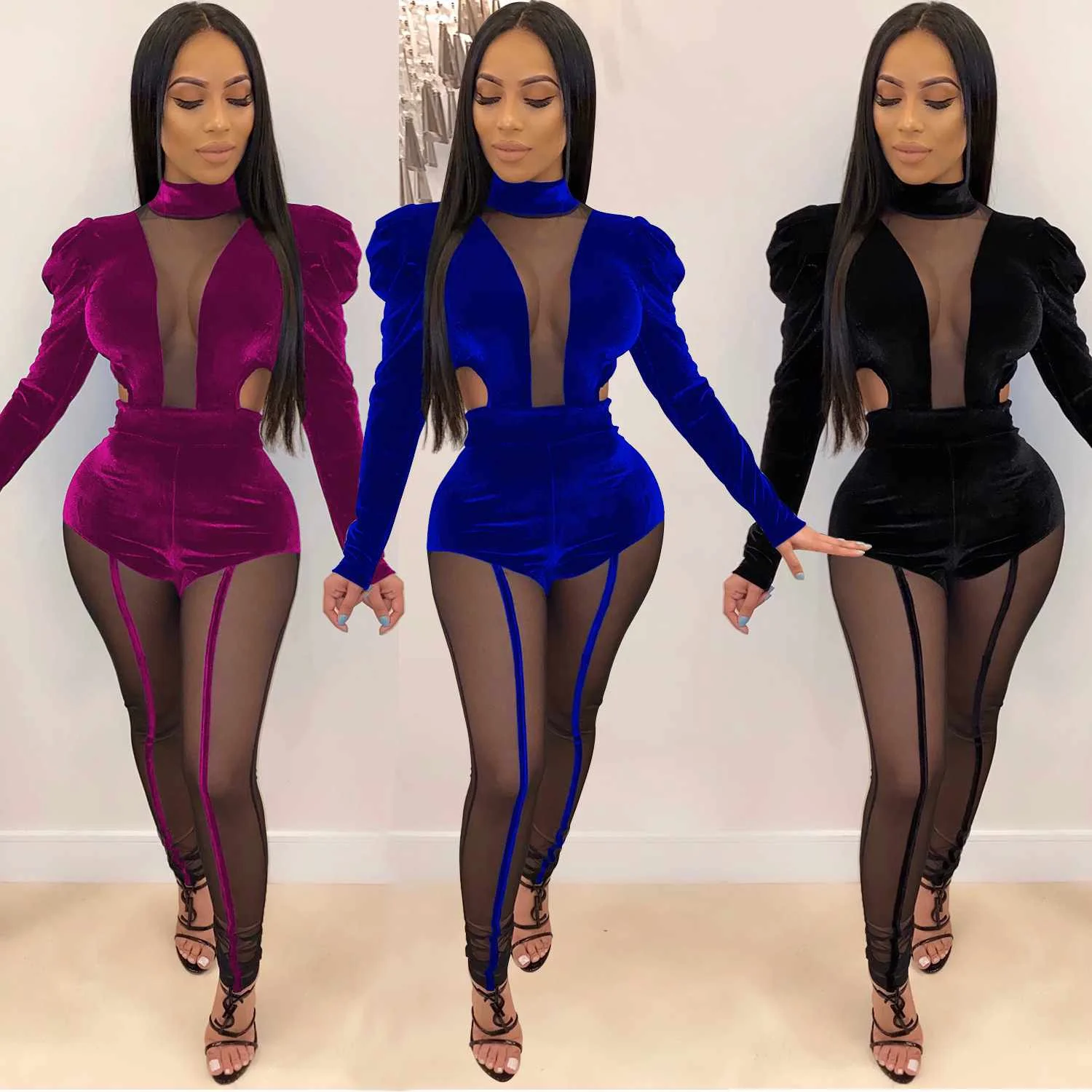 

Fashion trend long sleeve velvet jumpsuit sexy mesh splicing two-piece suit bodysuit and legging set women