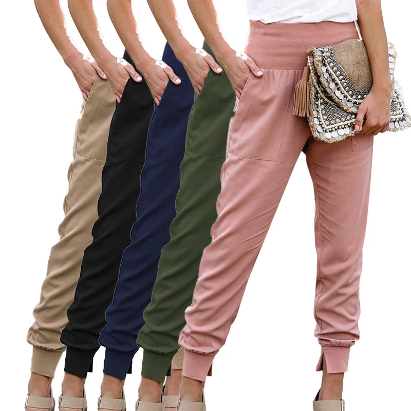 

Women's Trousers & Pants Fashion Ladies Solid High-Waisted Side Pocketed Size Casual Joggers Women Pants