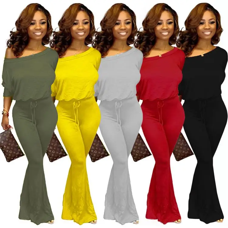 

YH 141 new design fashion Bat sleeve woman off shoulder solid color flare jumpsuit