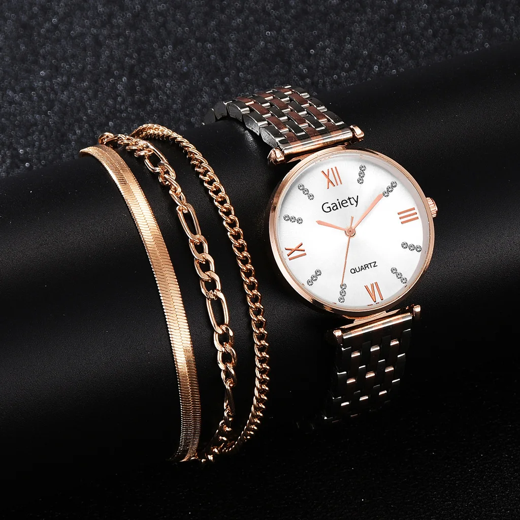 

4PCS Set Diamond Women Watch Luxury Crystal Rose Gold Ladies Wrist Watches Bracelet Female Clock Gift zegarek damski