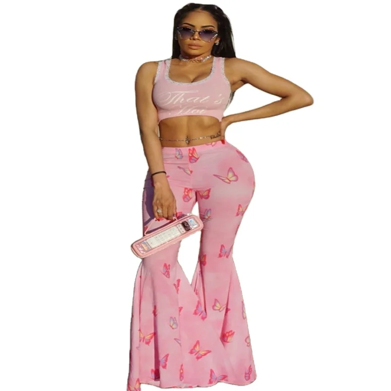 

Butterfly Print Pink Flare Pants Women Sweet Girls Dance Cute Trousers Female Party 2021 Spring Summer Casual Clothes, As pictures