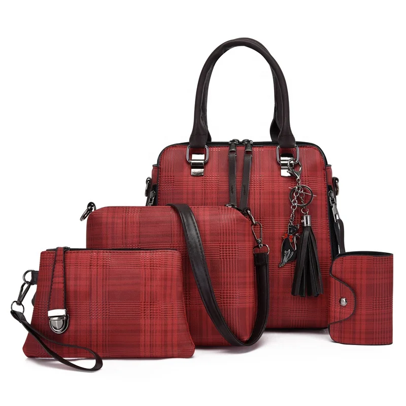 

2021 Plaid PU Leather Ladies Small Bags and Purse Fashion Top Handle Hand Bag Sets Women 4 pieces Handbag Set