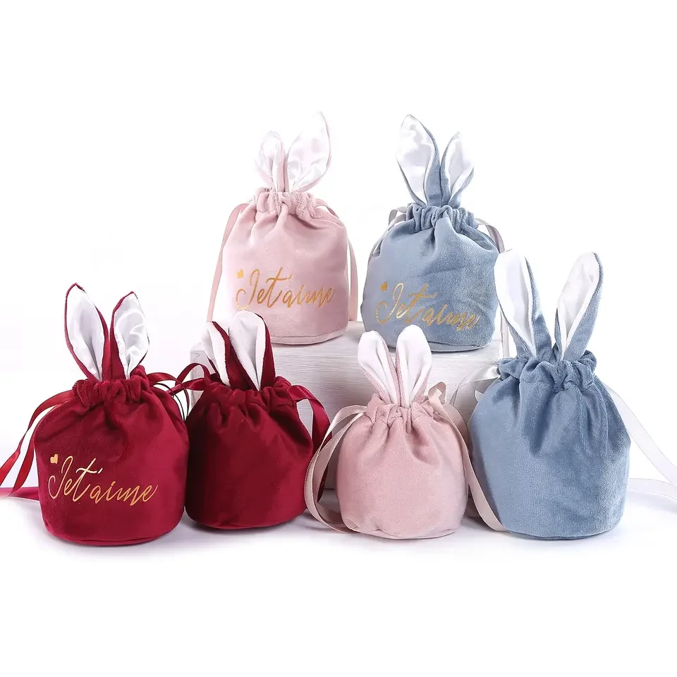 

Easter Bunny Favor Bags 10*13Cm Drawstring Style 3 Colors Eco-Friendly Plush Velvet Bag For Candy Jewelry Gifts