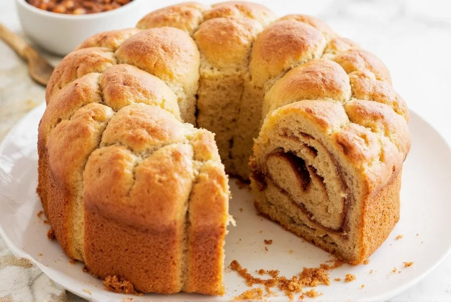 Finished pull apart cinnamon bread showing clean separation between sections with gooey center