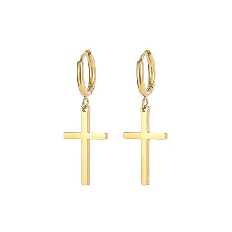 

Simple Personalized 18K Gold Plated Stainless Steel Jewelry Dangle Jesus Drop Cross Huggies Hoop Earrings for Women