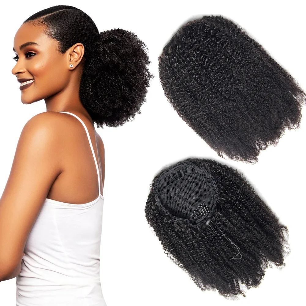 Natural Indian 4C Virgin Cheveux Afro Kinky Curly Human Hair Ponytailreal Kinky Curly Human Drawstring Ponytail Hair Extensions