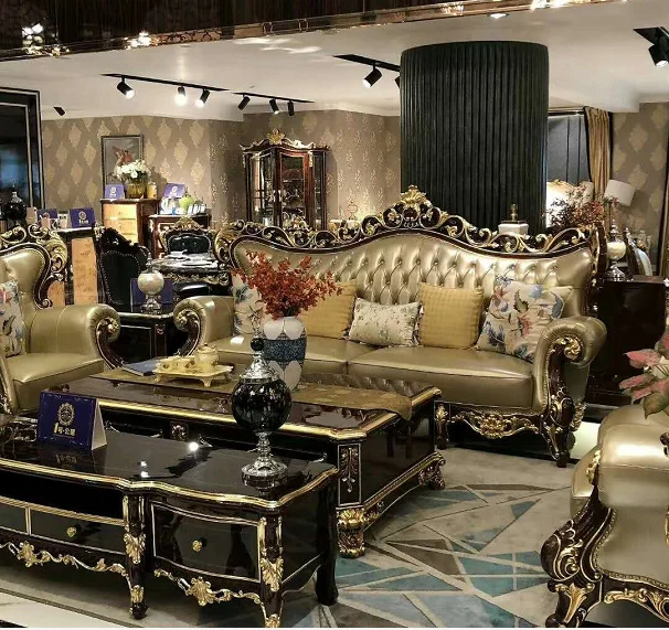 hot sale European classical style antique solid wood royal luxury genuine leather livingroom sofa set