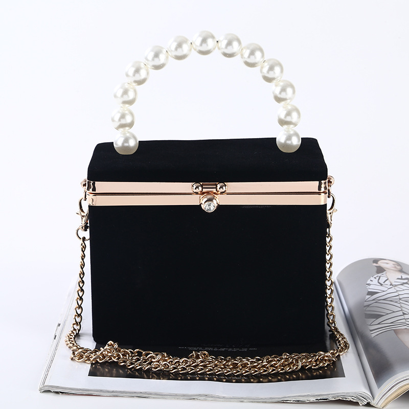 

Dignity velvet box bag pearl handle ladies evening bag for party