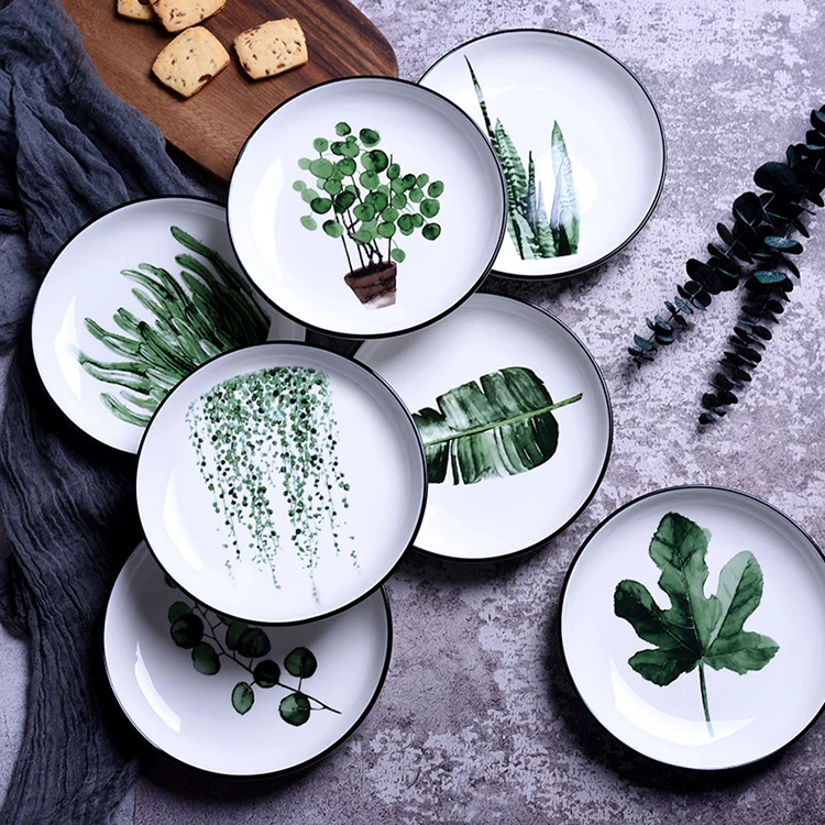 

Wholesale restaurant black rim palm leaf pattern Europe small ceramic dishes for serving, Beige