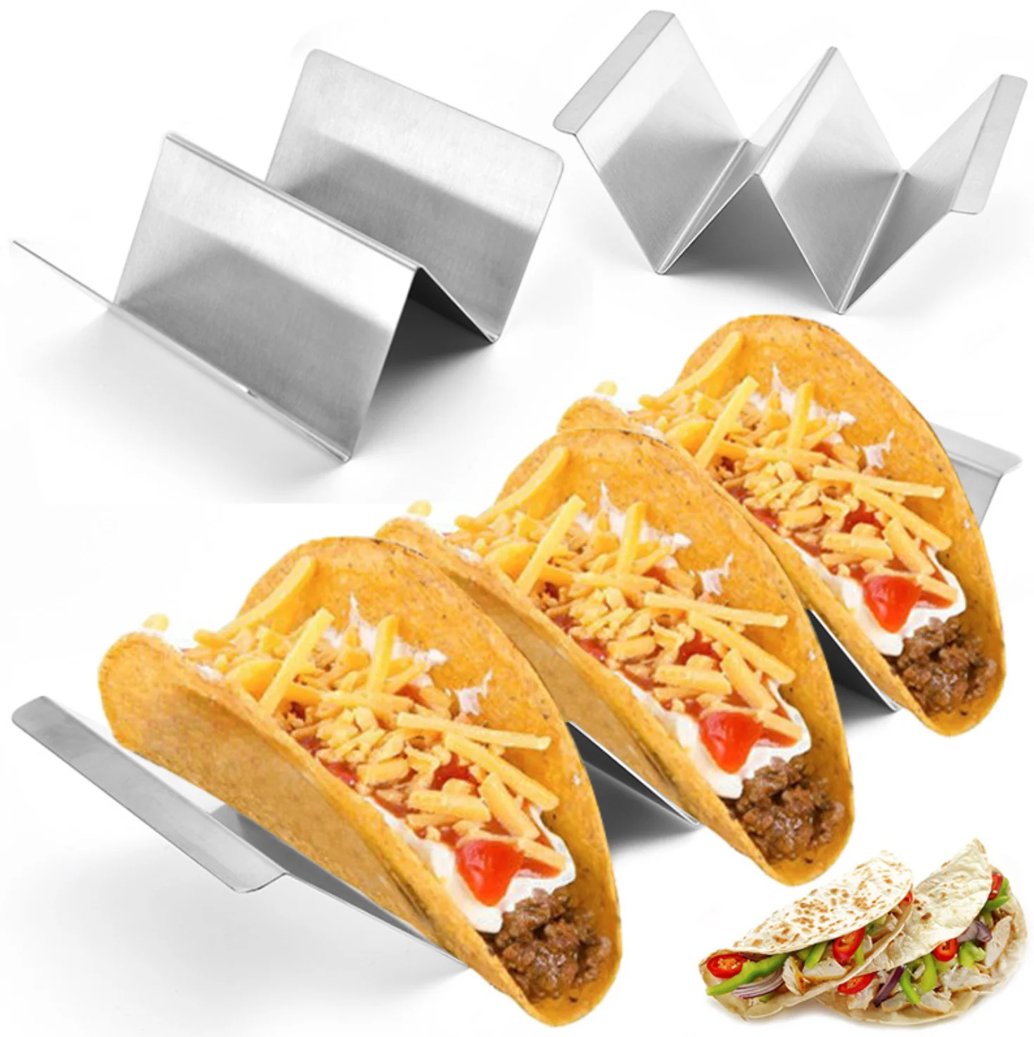 

H936 Kitchen Restaurant Creative Dish Durable Easy To Fill Reusable Taco Stand Multi Sizes 430 Stainless Steel Taco Holder, Multi colour