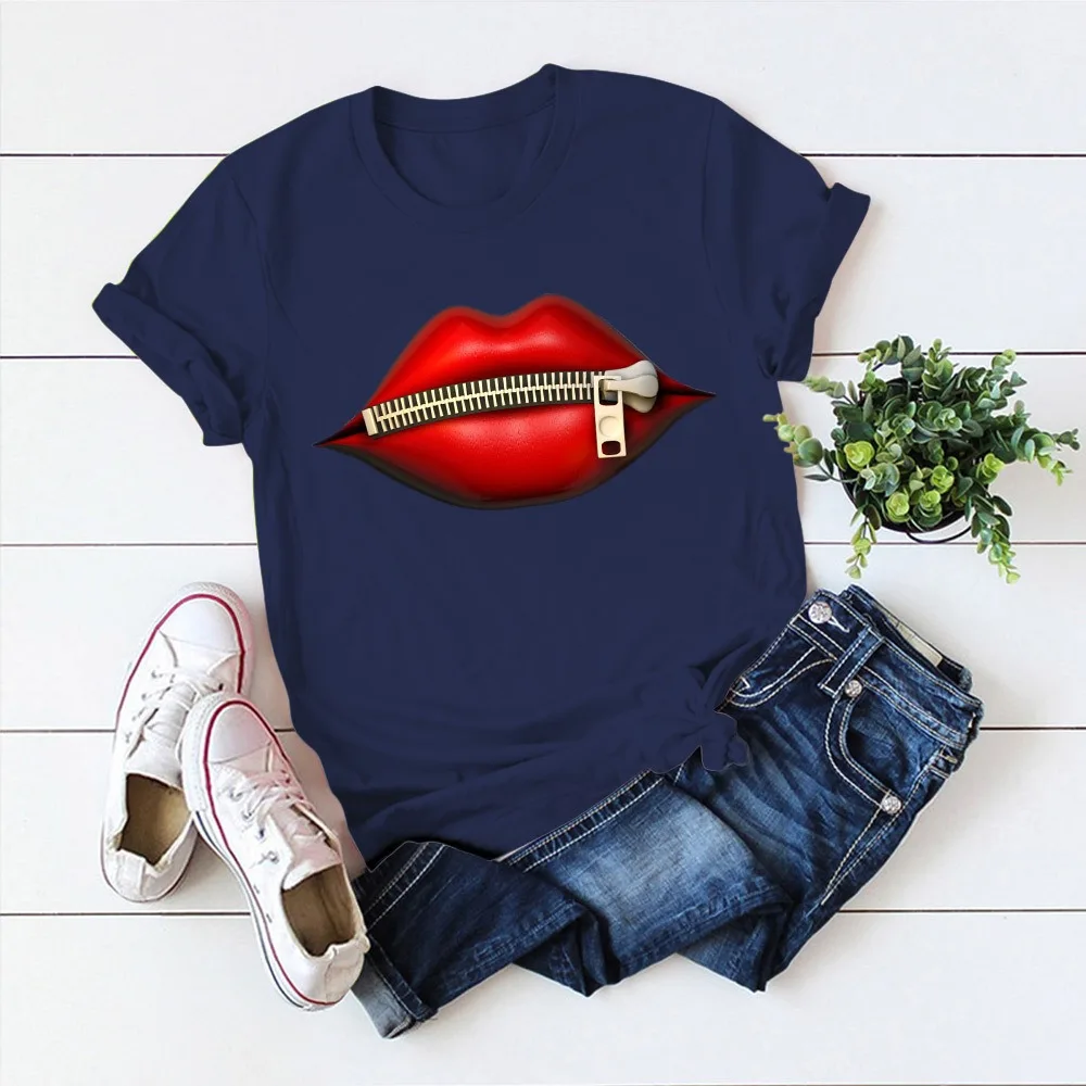 

Fashion Women's Casual Sequins Red Lip T-Shirt Cotton Short Sleeve Tops T-Shirts Vintage Creativity zipper Lips T-Shirt