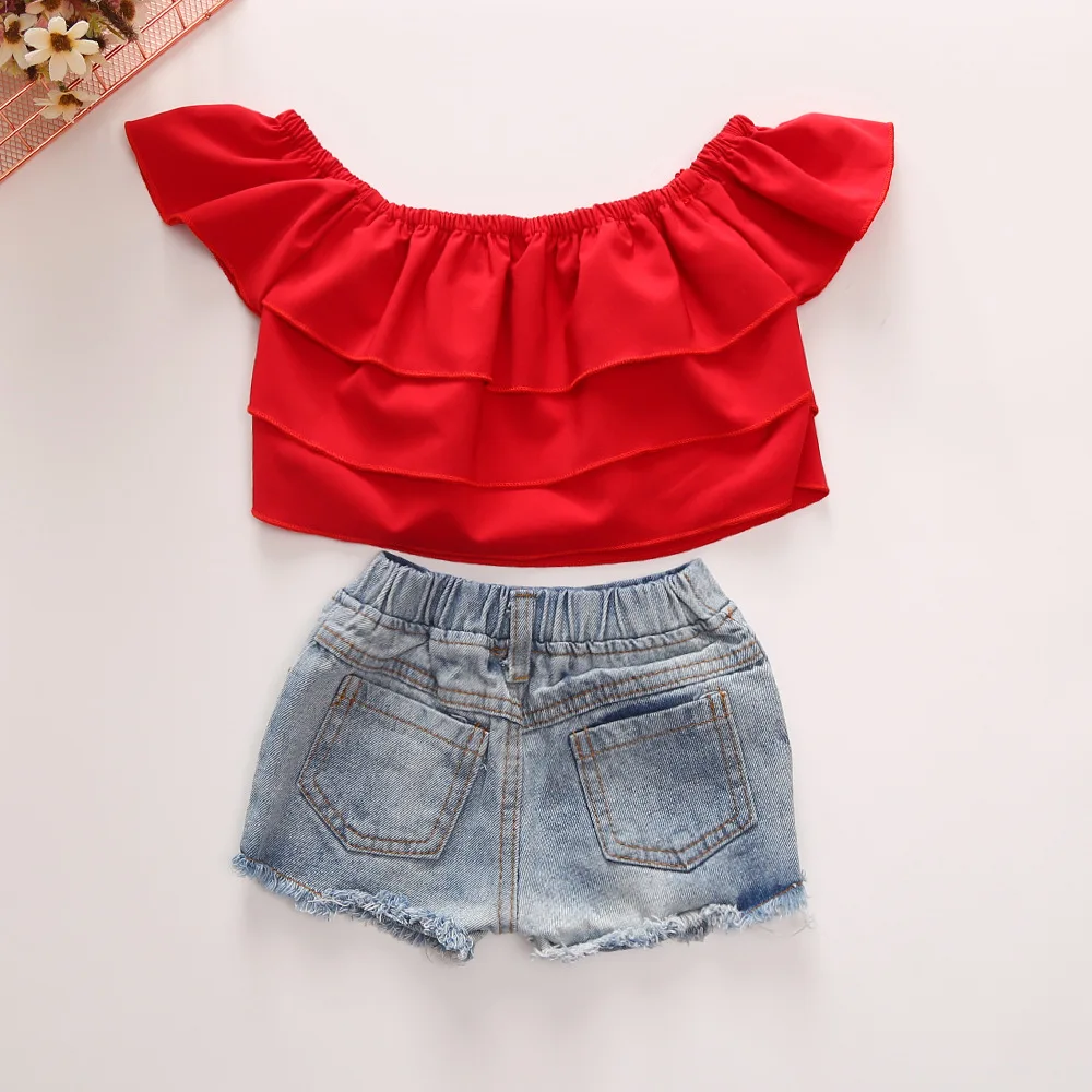 

2PCS High Quality Kids Girls Summer Clothes Set Ruffled Off Shoulder Shirts With Jeans Children Ragged Denim Pants, Picture show