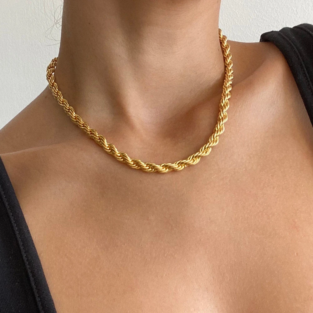 

6mm Chunky Gold Filled Stainless Steel Statement Twisted Rope Chain Choker Necklace Bracelet Set For Women