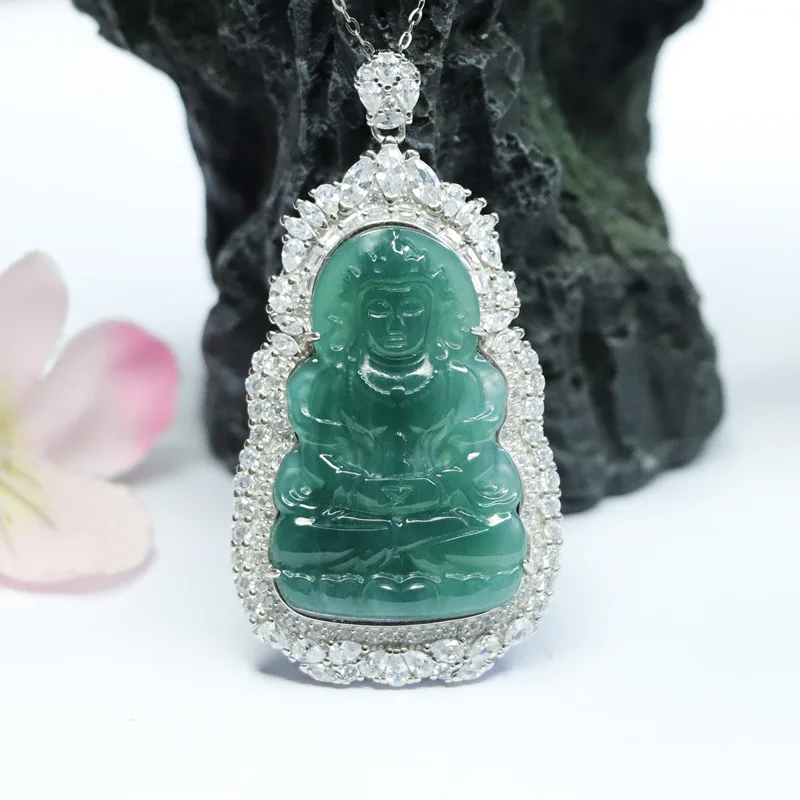 

Free Shipping Live Delivery S925 Silver Inlay Ice-Like Jade Mother Pendant Myanmar Blue Water Jade Pendant Necklace Gift